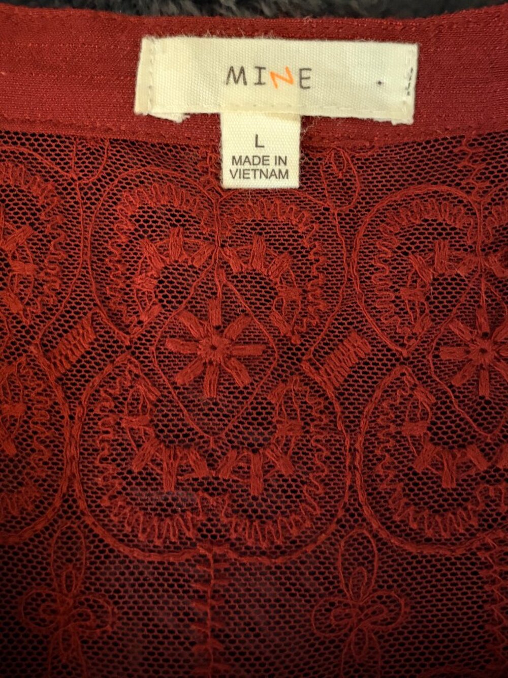 MINE Burgundy Wine Red Lace Yoke Blouse L Cottagecore Romantic Boho Festival - Picture 5 of 15
